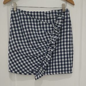 HYFVE Navy Blue White Gingham Checked Mini Pencil Skirt M / L Ruffle Front